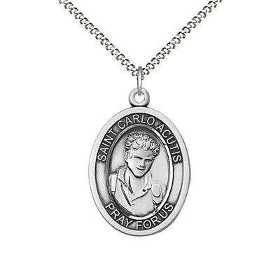 St. Carlo Acutis Sterling Silver Engravable 3/4" Oval Medal with Plated Chain, Bliss Manufacturing