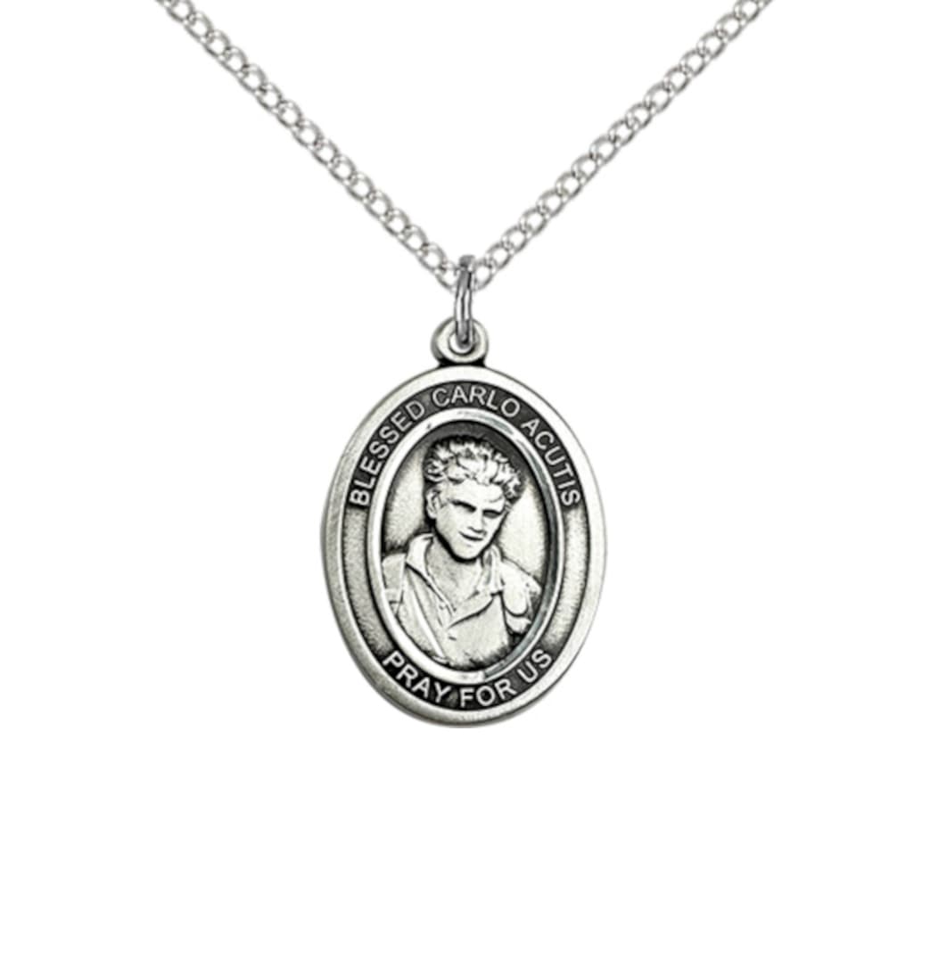 Bliss Blessed Carlo Acutis Sterling Silver Medium Oval Medal Necklace with Sterling Chain,