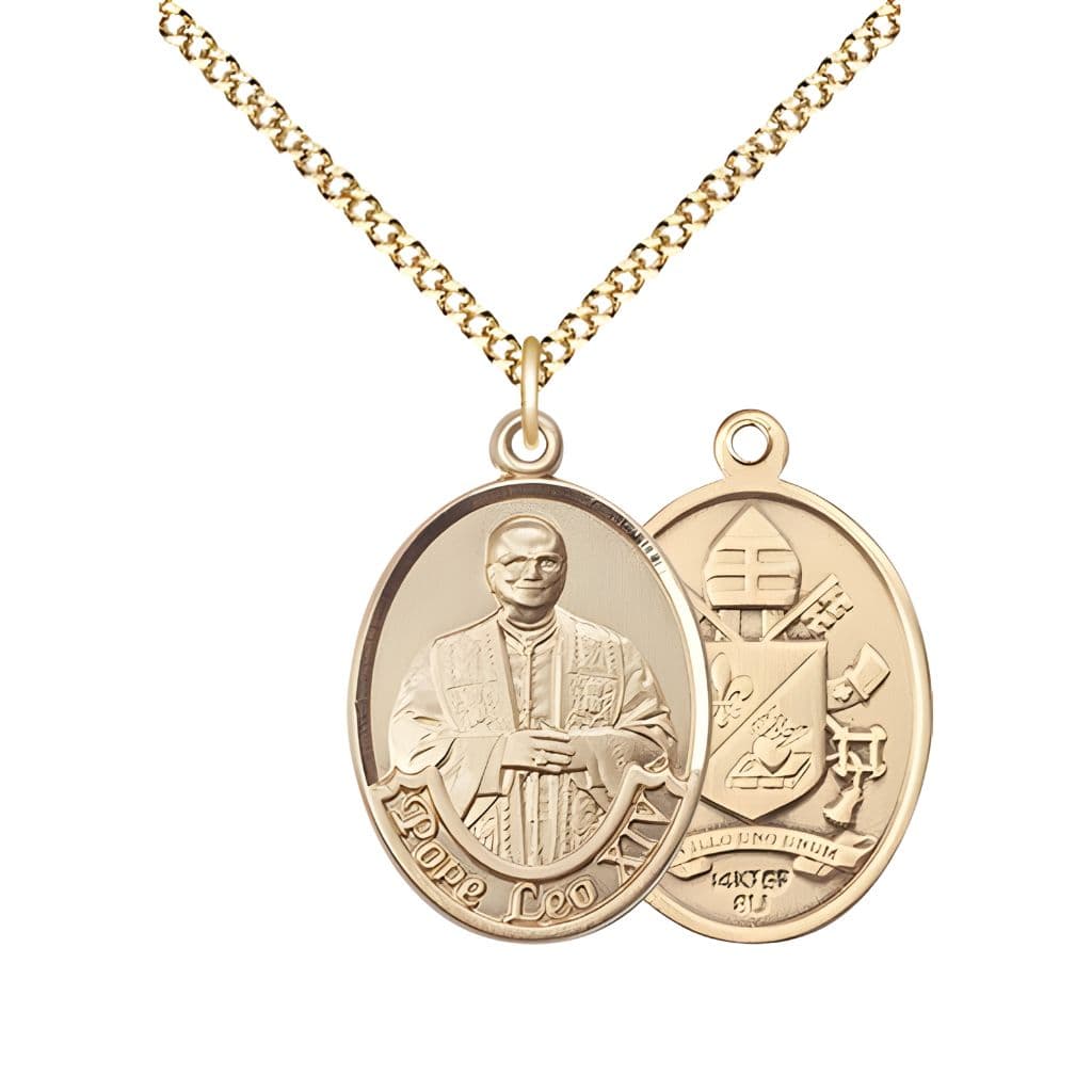 Bliss Pope Leo XIV 14kt Gold-filled Engravable Medal with Gold-plated Heavy Curb Chain, Measures 3/4-inch tall by 1/2-inch wide.