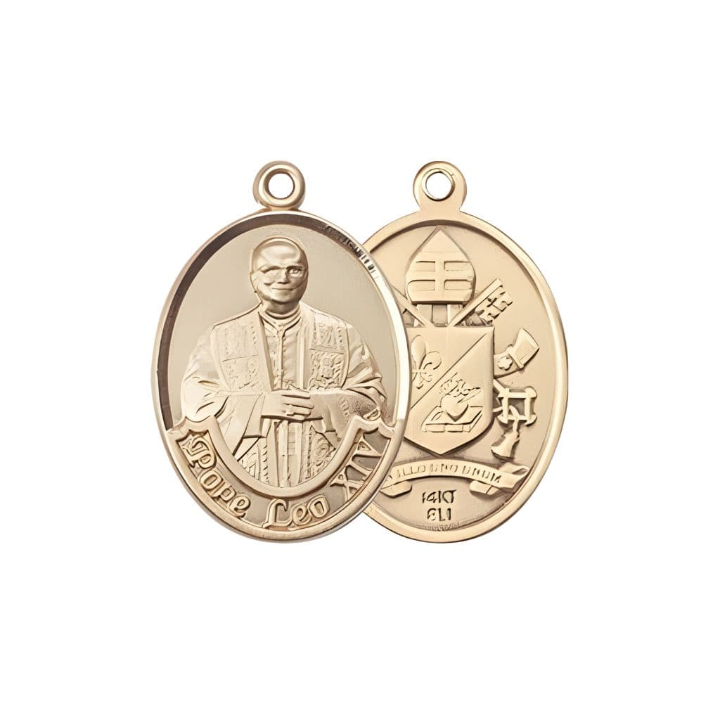 Bliss Pope Leo XIV 14kt Gold Engravable Medal, Measures 3/4-inch tall by 1/2-inch wide.