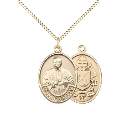 Papa Leon XIV 14kt Gold-filled Oval Medal Pendant with Gold-filled Chain, Measures 3/4-inch tall by 1/2-inch wide, Bliss Manufacturing