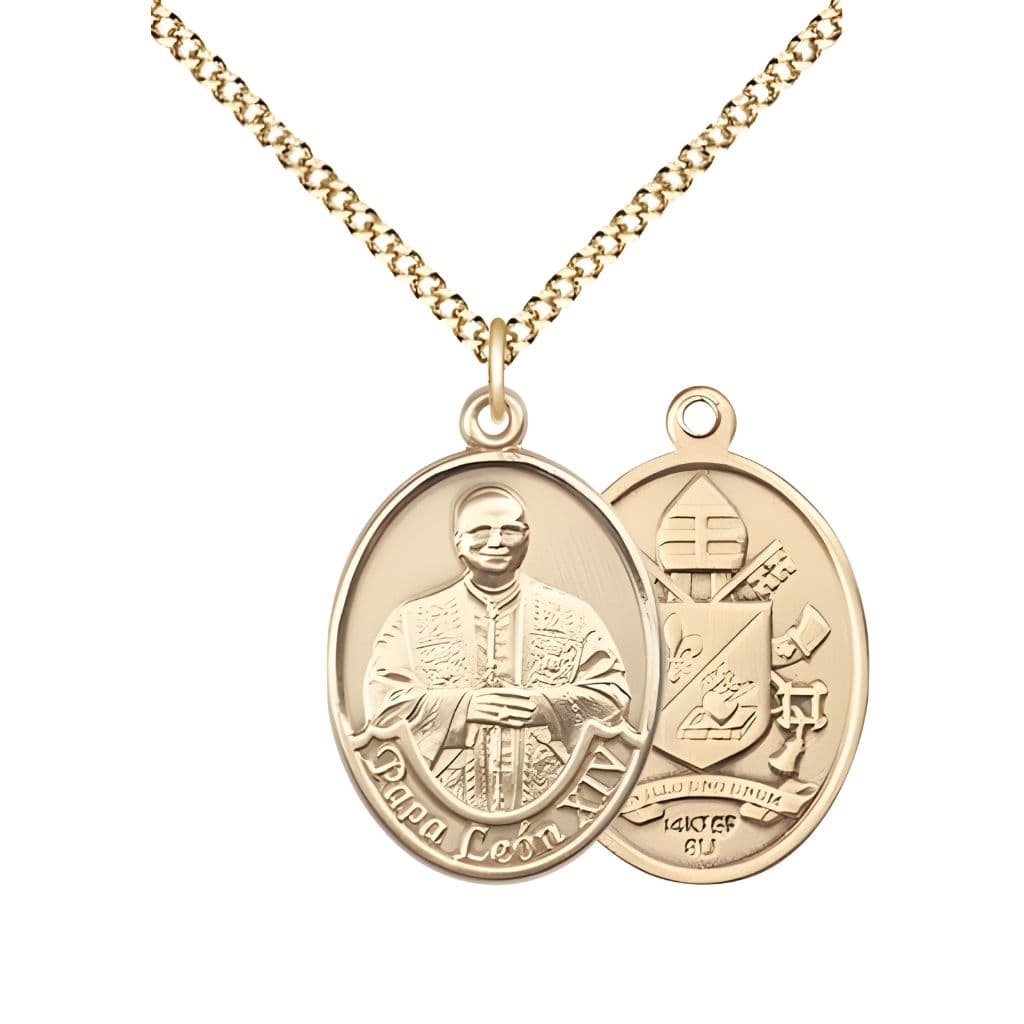 Bliss Papa Leon XIV 14kt Gold-filled Oval Medal Pendant with Gold-plated Chain, Measures 3/4-inch tall by 1/2-inch wide.