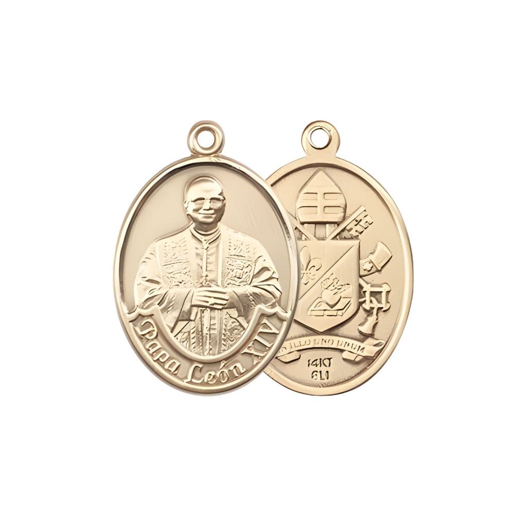 Bliss Papa Leon XIV 14kt Gold Oval Medal Pendant, Measures 3/4-inch tall by 1/2-inch wide.