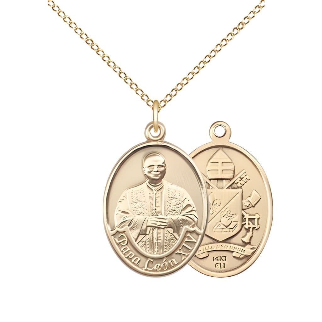 Bliss Papa Leon XIV 14kt Gold Oval Medal Pendant with 14kt Gold Chain, Measures 3/4-inch tall by 1/2-inch wide.