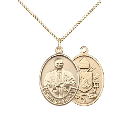 Papa Leon XIV 14kt Gold Oval Medal Pendant with 14kt Gold Chain, Measures 3/4-inch tall by 1/2-inch wide, Bliss Manufacturing