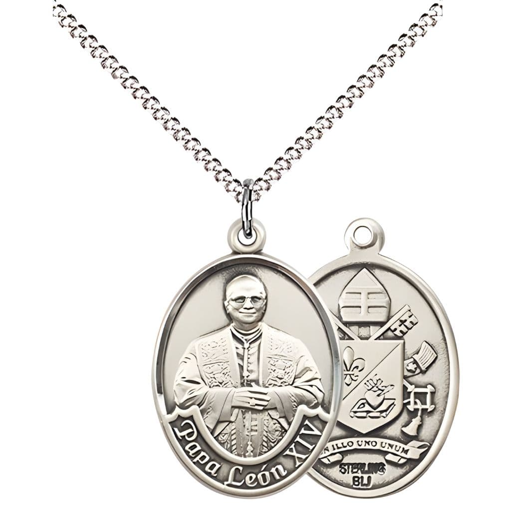 Bliss Papa Leon XIV Sterling Silver Oval Medal Pendant with Plated Chain, Measures 3/4-inch tall by 1/2-inch wide.