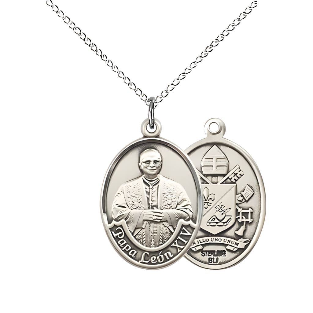Bliss Papa Leon XIV Sterling Silver Oval Medal Pendant with Sterling Chain, Measures 3/4-inch tall by 1/2-inch wide.