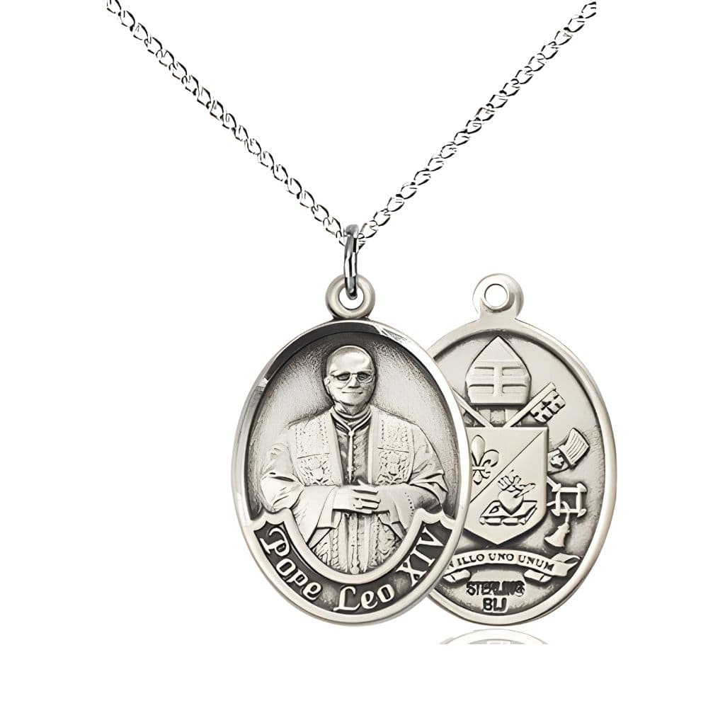 Bliss Pope Leo XIV Sterling Silver Engravable Medal with Sterling Curb Chain, Measures 3/4-inch tall by 1/2-inch wide.