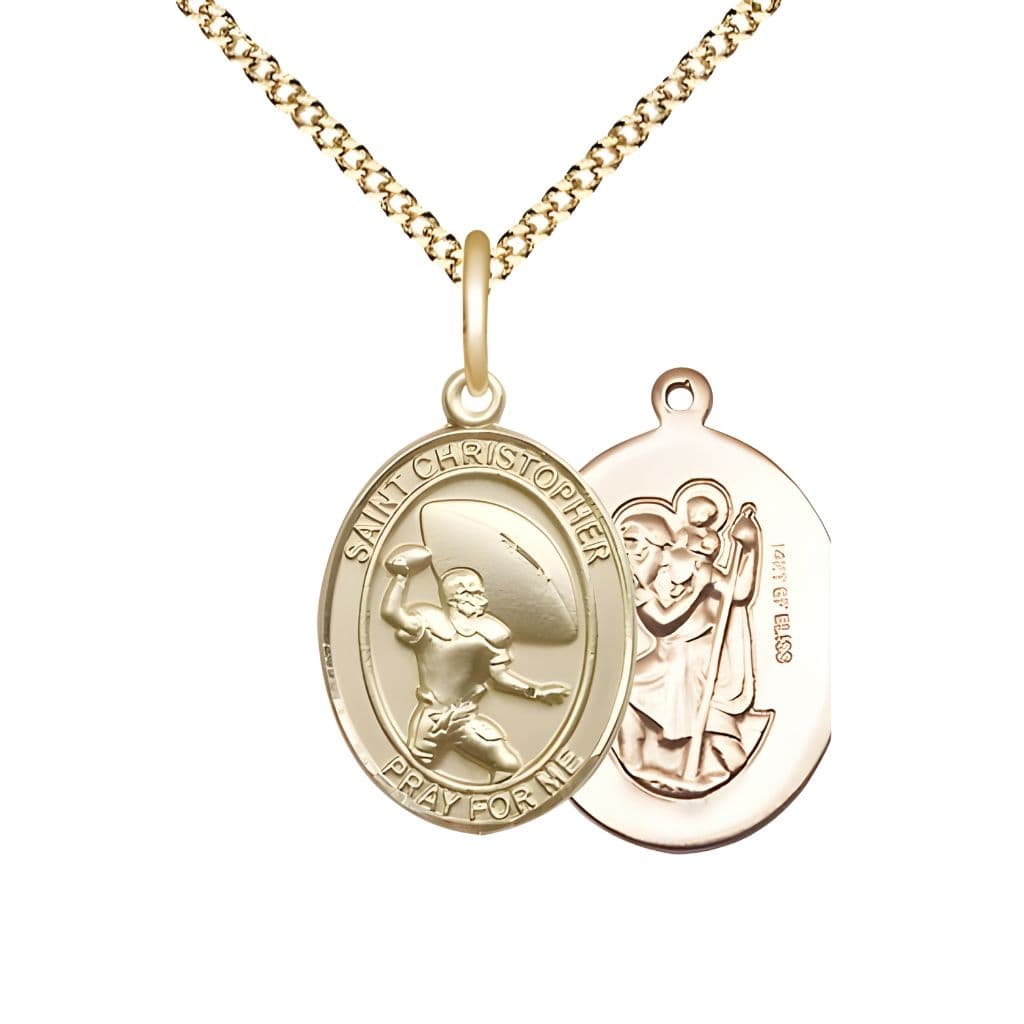 Bliss St. Christopher Football 14kt Gold-filled Oval Medal Pendant with Gold-plated Chain, Measures 3/4-inch tall by 1/2-inch wide.