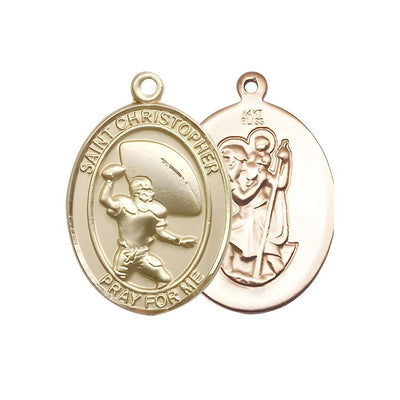 St. Christopher Football 14kt Gold Oval Medal Pendant, Measures 3/4-inch tall by 1/2-inch wide, Bliss Manufacturing