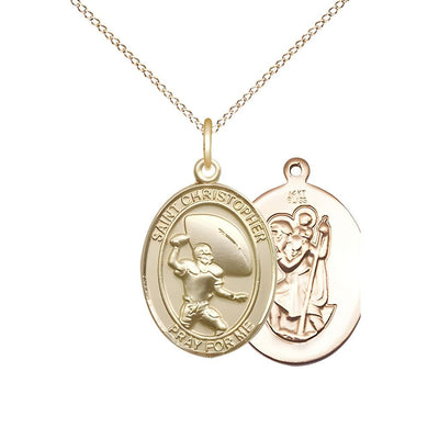 St. Christopher Football 14kt Gold Oval Medal Pendant with 14kt Gold Chain, Measures 3/4-inch tall by 1/2-inch wide, Bliss Manufacturing