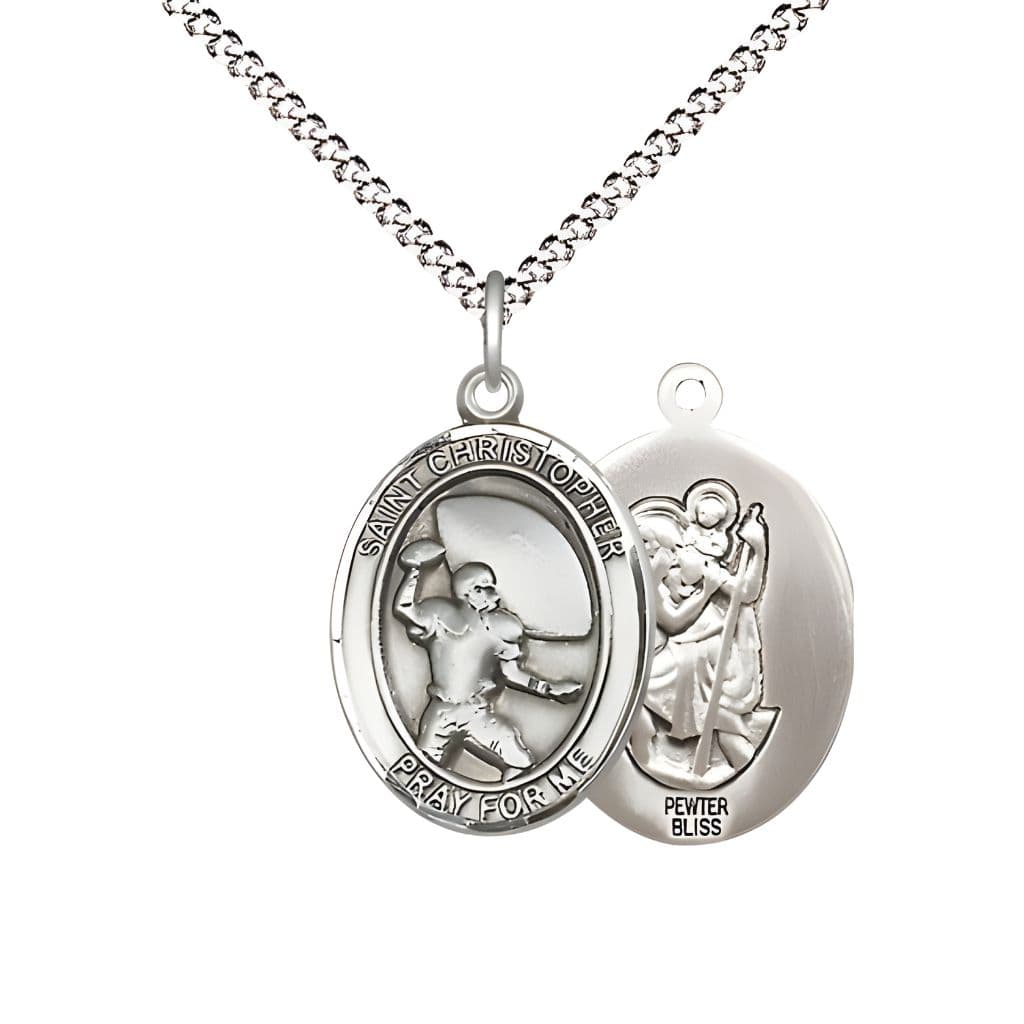 Bliss St. Christopher Football Pewter Oval Medal Pendant with Rhodium-plated Chain, Measures 3/4-inch tall by 1/2-inch wide.
