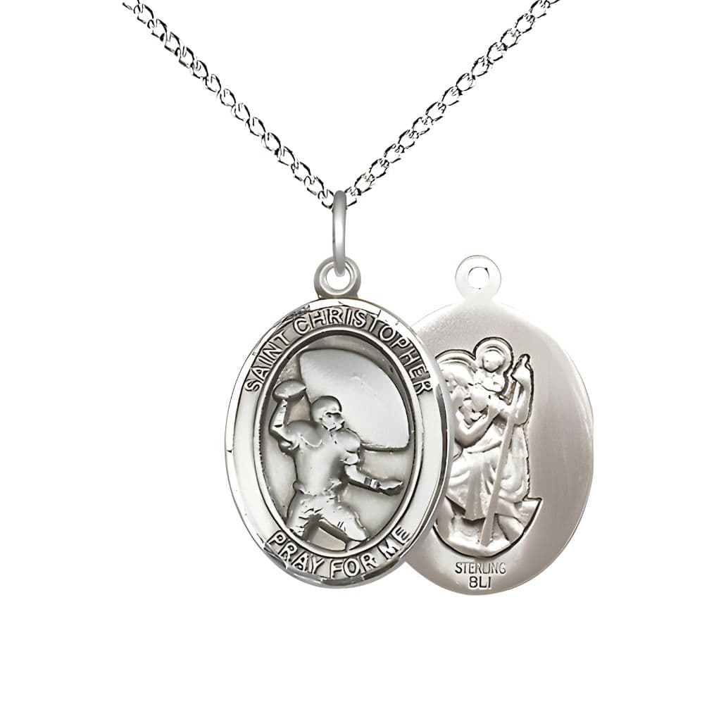 Bliss St. Christopher Football Sterling Silver Medal Pendant with Sterling Silver Chain, Measures 3/4-inch tall by 1/2-inch wide.