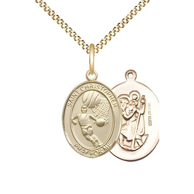 St. Christopher Basketball 14kt Gold-filled Oval Medal Pendant with Gold-plated Chain, Measures 3/4-inch tall by 1/2-inch wide, Bliss Manufacturing