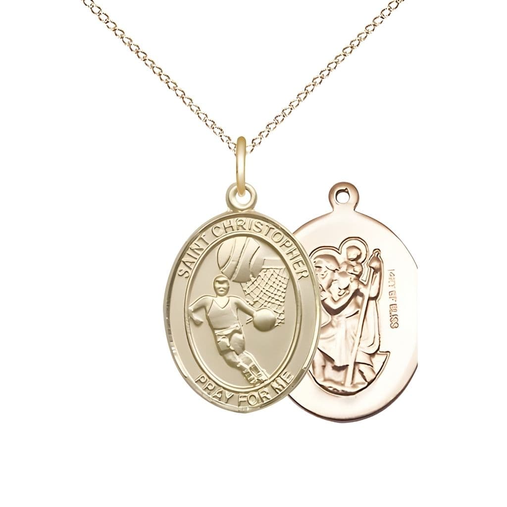 Bliss St. Christopher Basketball 14kt Gold-filled Oval Medal Pendant with Gold-filled Chain, Measures 3/4-inch tall by 1/2-inch wide.