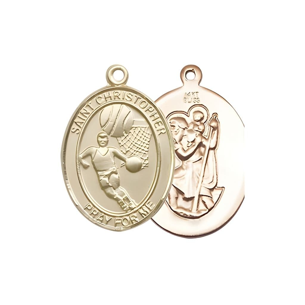 Bliss St. Christopher Basketball 14kt Gold Oval Medal Pendant, Measures 3/4-inch tall by 1/2-inch wide.