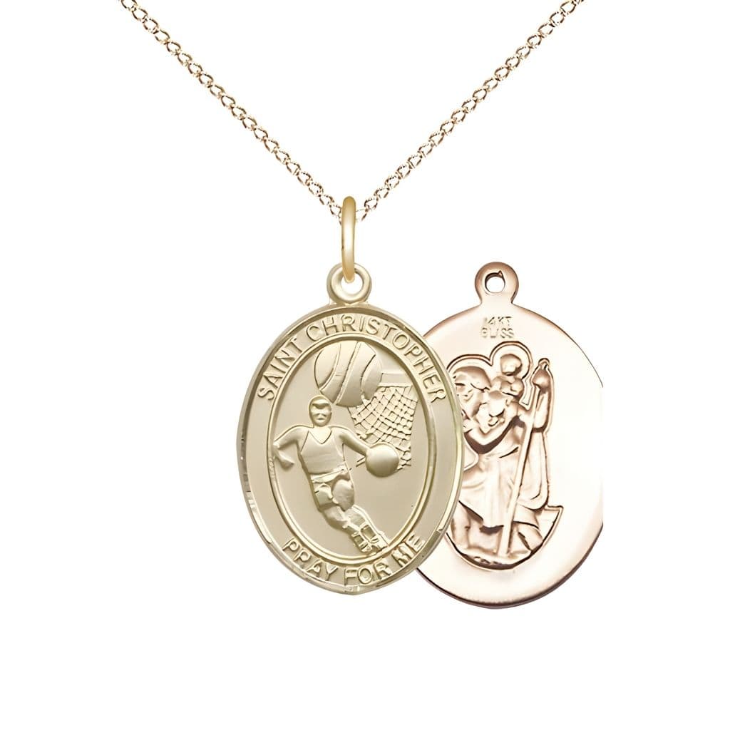 Bliss St. Christopher Basketball 14kt Gold Oval Medal Pendant with 14kt Gold Chain, Measures 3/4-inch tall by 1/2-inch wide.