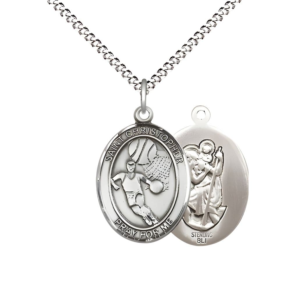Bliss St. Christopher Basketball Sterling Silver Oval Medal Pendant with Rhodium-plated Chain, Measures 3/4-inch tall by 1/2-inch wide.