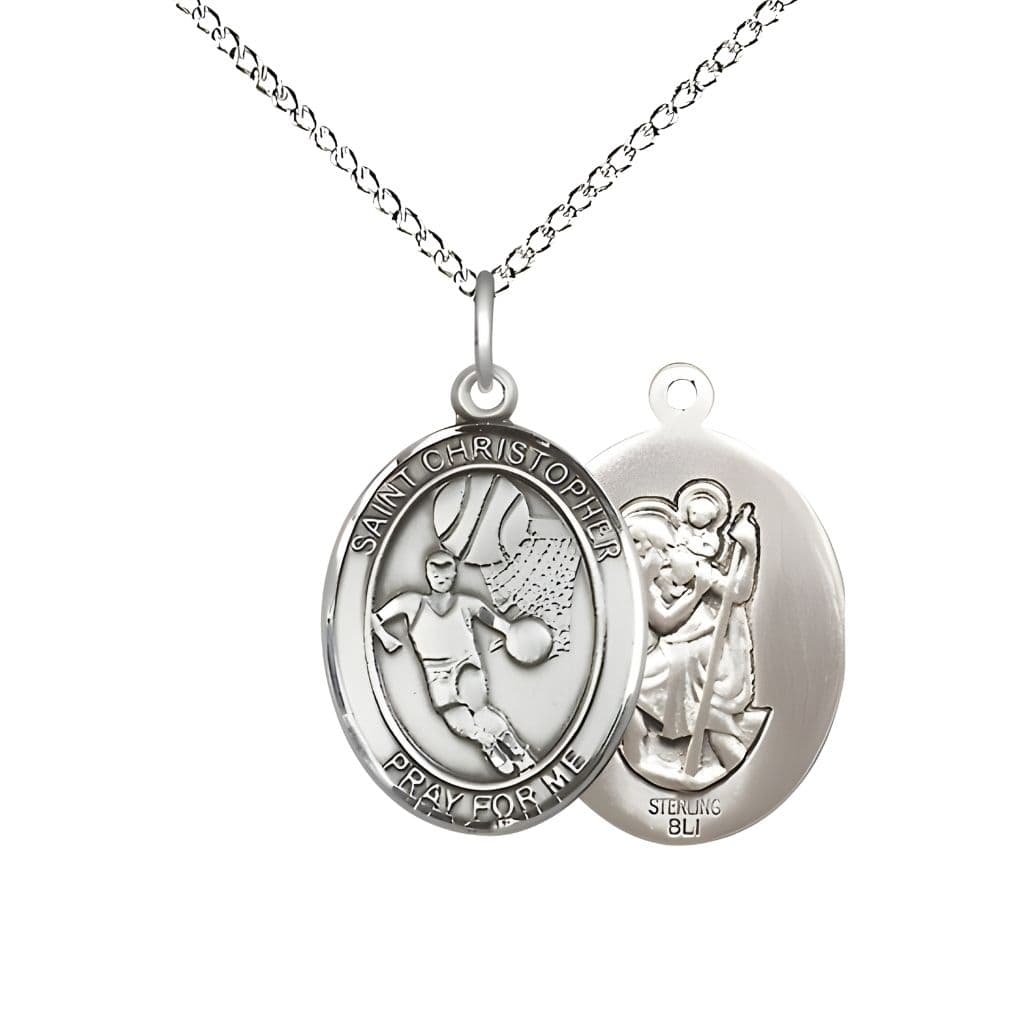 Bliss St. Christopher Basketball Sterling Silver Oval Medal Pendant with Sterling Chain, Measures 3/4-inch tall by 1/2-inch wide.