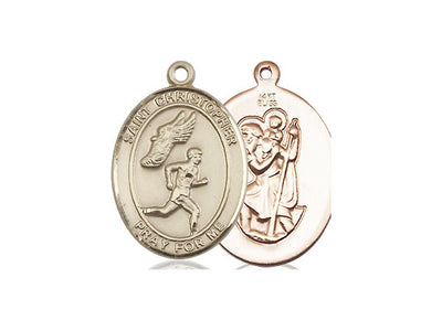 St Christopher Track & Field Catholic Saint Medal, 14kt gold, Bliss Manufacturing