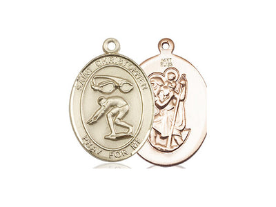 St Christopher Swimming Catholic Patron Saint Medal, 14kt gold, Bliss Manufacturing