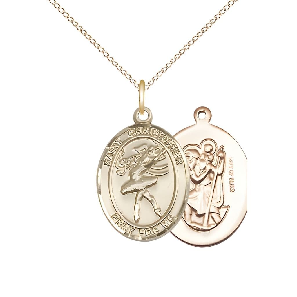 Bliss St. Christopher Dance 14kt Gold-filled Oval Oval Medal with Gold-filled Curb Chain, Measures 3/4-inch tall by 1/2-inch wide.