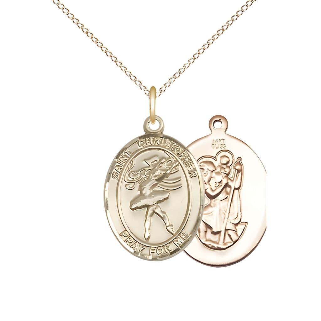 Bliss St. Christopher Dance 14kt Gold Oval Oval Medal with 14kt Gold Curb Chain, Measures 3/4-inch tall by 1/2-inch wide.