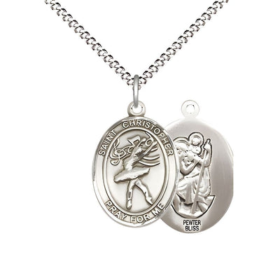 St. Christopher Dance Pewter Oval Oval Medal with Plate Curb Chain, Measures 3/4-inch tall by 1/2-inch wide, Bliss Manufacturing