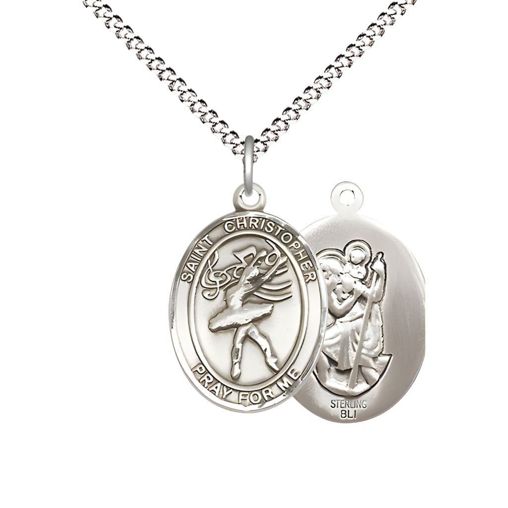 Bliss St. Christopher Dance Sterling Silver Oval Oval Medal with Plate Curb Chain, Measures 3/4-inch tall by 1/2-inch wide.
