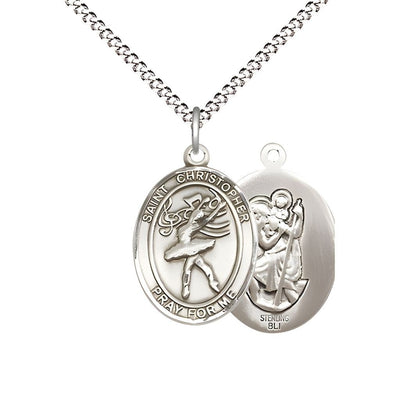 St. Christopher Dance Sterling Silver Oval Oval Medal with Plate Curb Chain, Measures 3/4-inch tall by 1/2-inch wide, Bliss Manufacturing