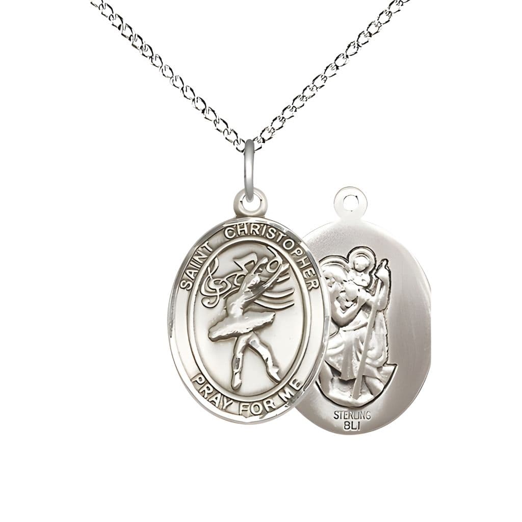 Bliss St. Christopher Dance Sterling Silver Oval Oval Medal with Sterling Curb Chain, Measures 3/4-inch tall by 1/2-inch wide.