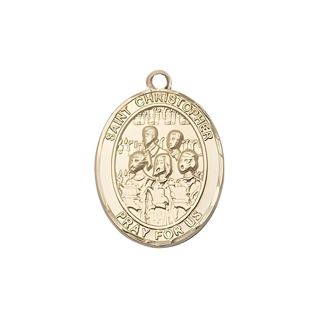 Bliss St. Christopher Choir 14kt Gold Oval Medal in a Gift Box, Measures 1-inch tall by 3/4-inch wide.