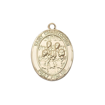 St. Christopher Choir 14kt Gold Oval Medal in a Gift Box, Measures 1-inch tall by 3/4-inch wide shown in gift box, Bliss Manufacturing