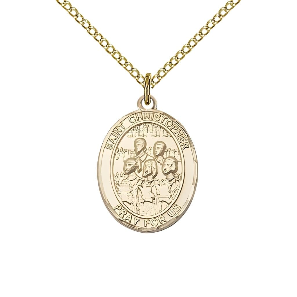 Bliss St. Christopher Choir 14kt Gold Oval Medal with 14kt Gold Chain in a Gift Box, Measures 1-inch tall by 3/4-inch wide.