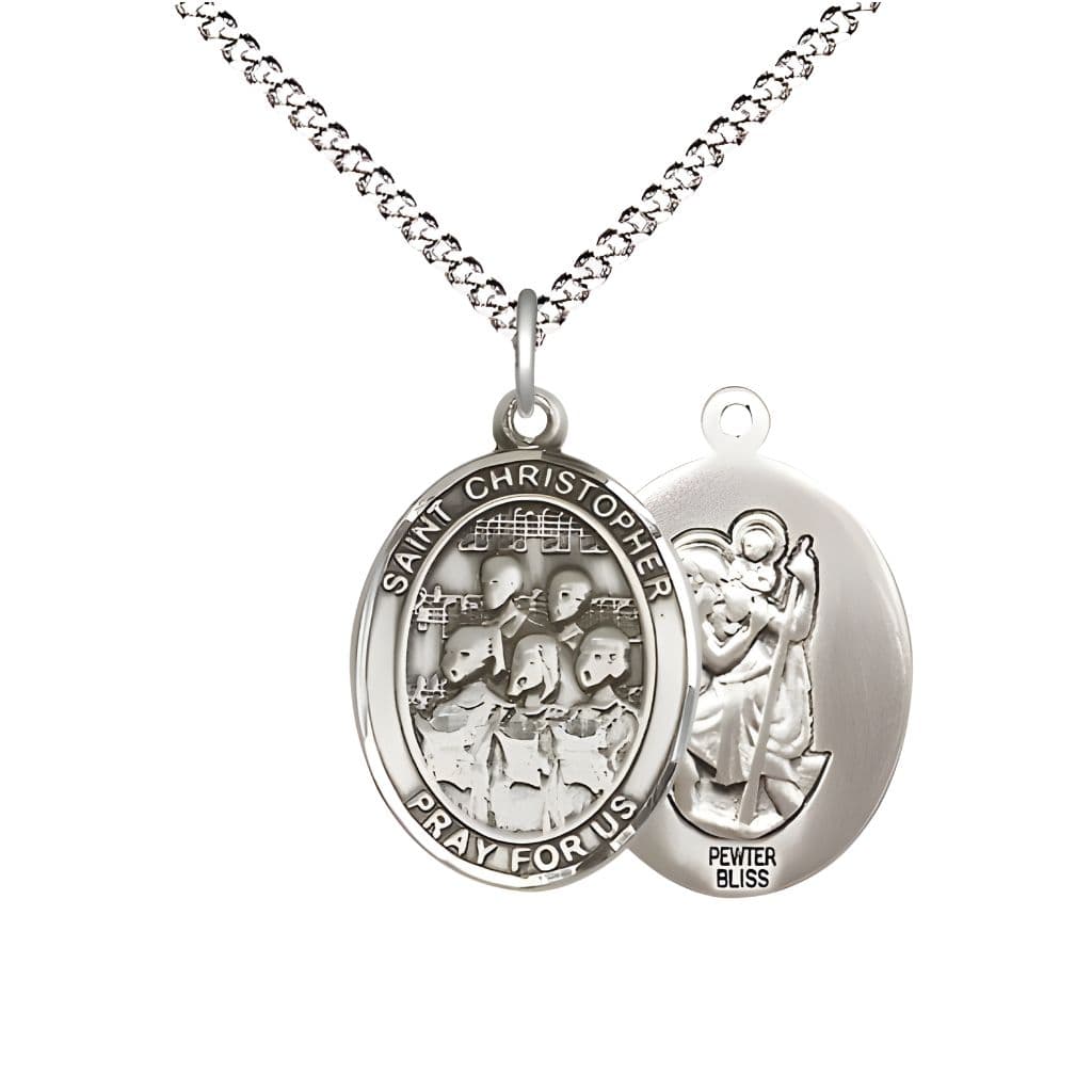 Bliss St. Christopher Choir Pewter Medal with Rhodium-plated Chain, Measures 3/4-inch tall by 1/2-inch wide.