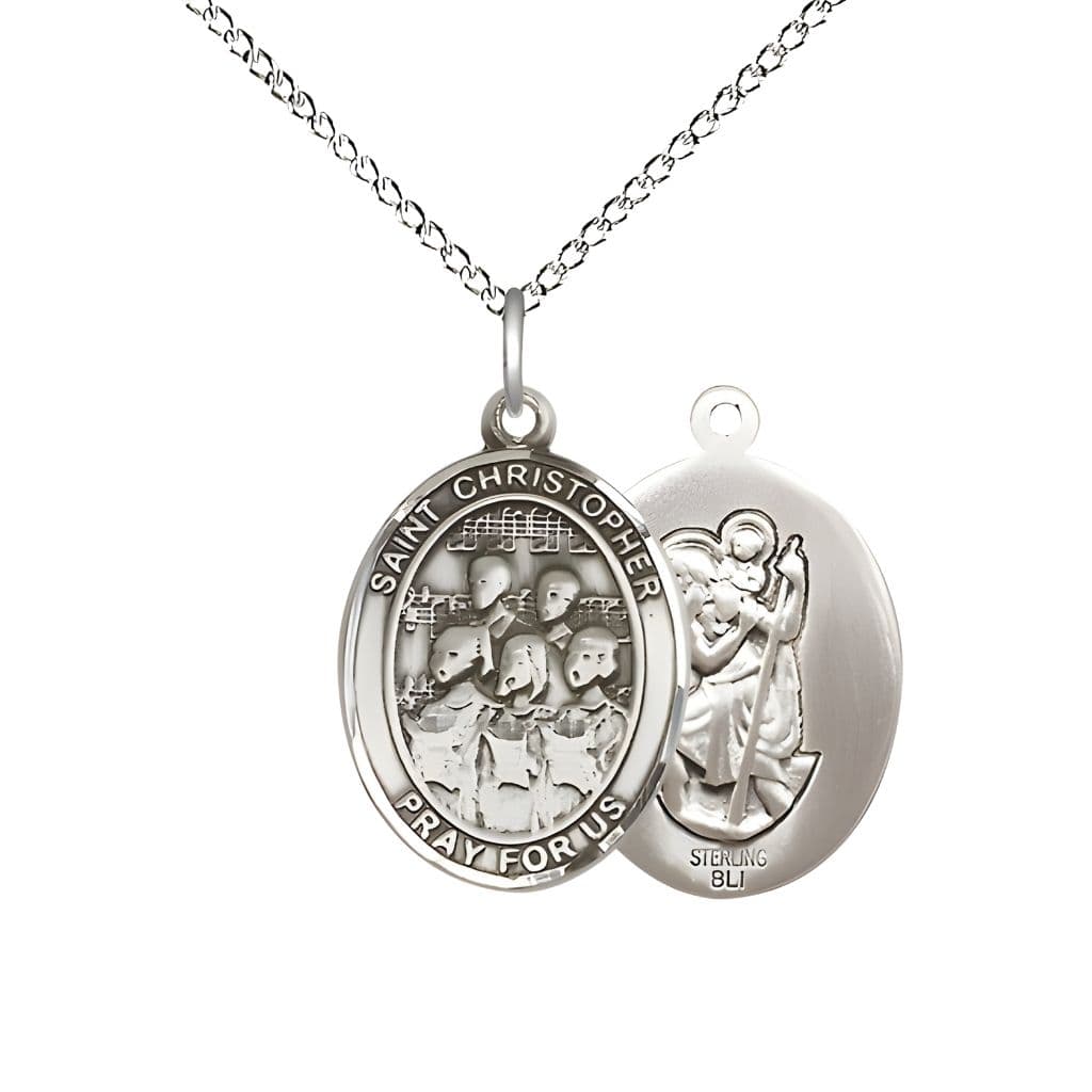 Bliss St. Christopher Choir Sterling Silver Oval Medal with Sterling Silver Chain in Gift Box, Measures 3/4-inch tall by 1/2-inch wide.