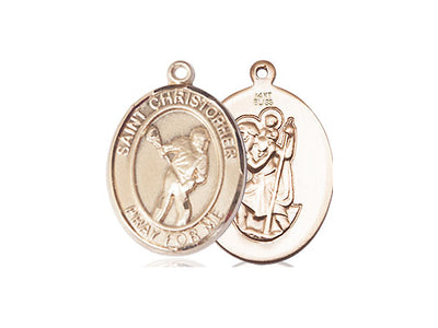 Saint Christopher Lacrosse Catholic Patron Saint Medal, 14kt gold, Bliss Manufacturing