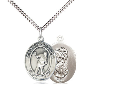 Saint Christopher Lacrosse Catholic Patron Saint Medal, sterling silver, Bliss Manufacturing