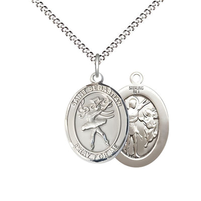 St. Sebastian Dance Sterling Silver Oval Medal with Plated Curb Chain, Measures 3/4-inch x 1/2-inch, Bliss Manufacturing