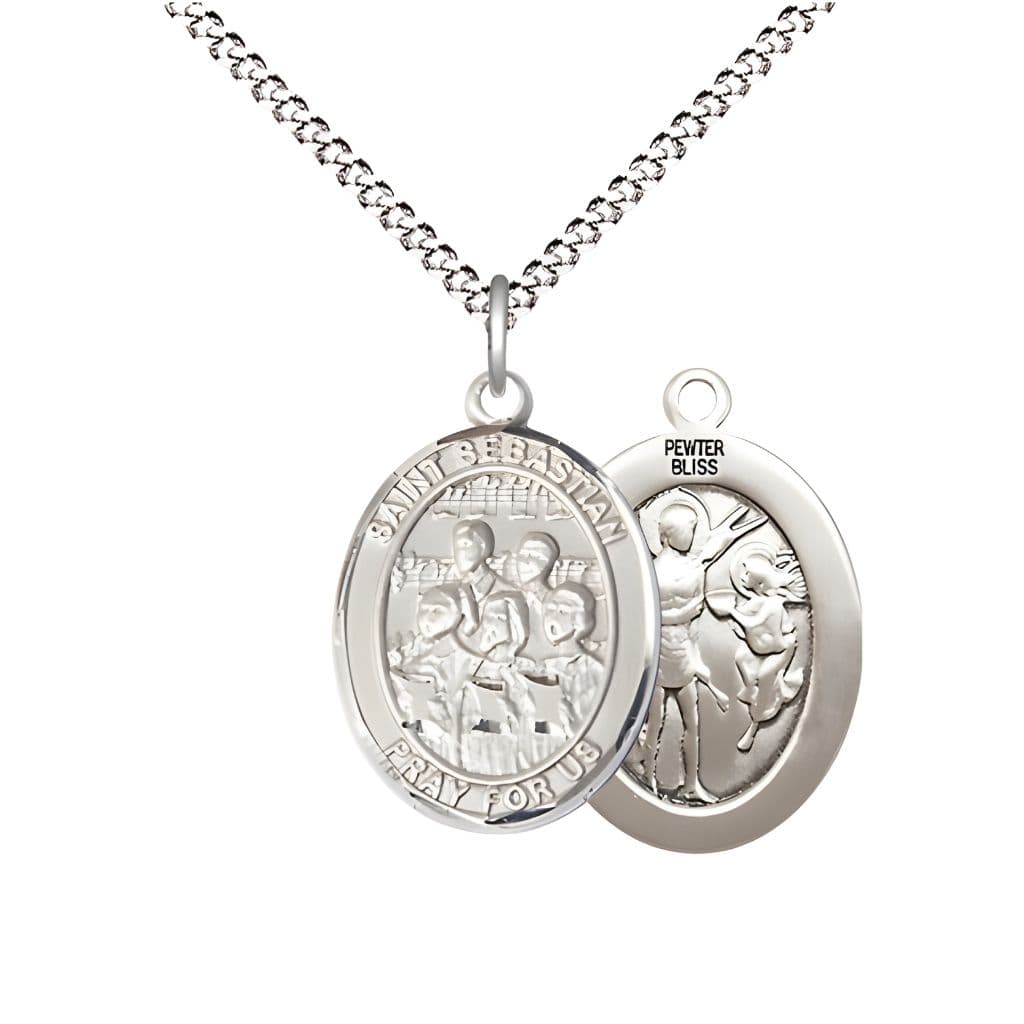 St. Sebastian Choir Pewter Oval Medal with Plated Chain, Measures 3/4-inch x 1/2-inch, Made in USA by Bliss