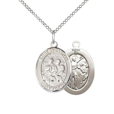 St. Sebastian Choir Sterling Silver Oval Medal with Sterling Chain, Measures 3/4-inch x 1/2-inch, Bliss Manufacturing