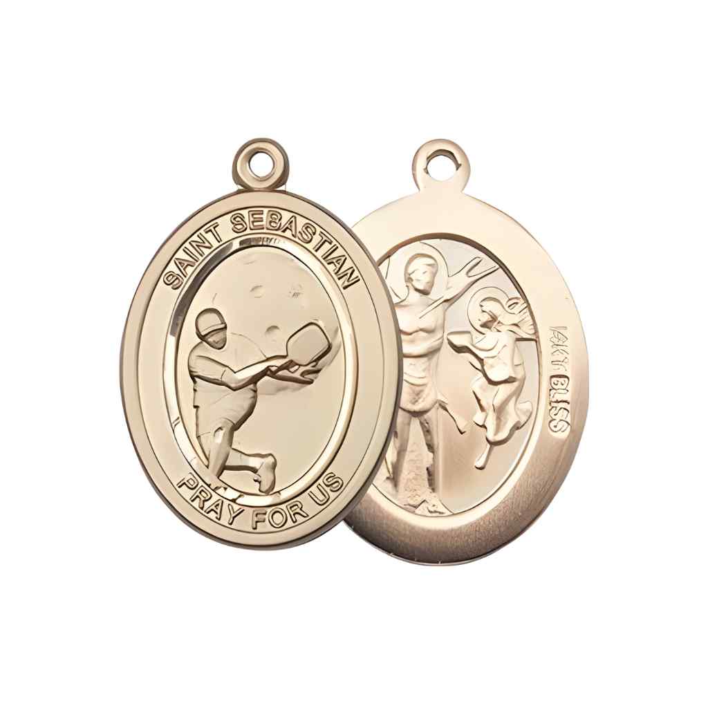 Medium Male Pickleball with St. Sebastian on back 14kt Gold Oval Medal Pendant with 14kt Gold Chain, Deluxe Gift Box