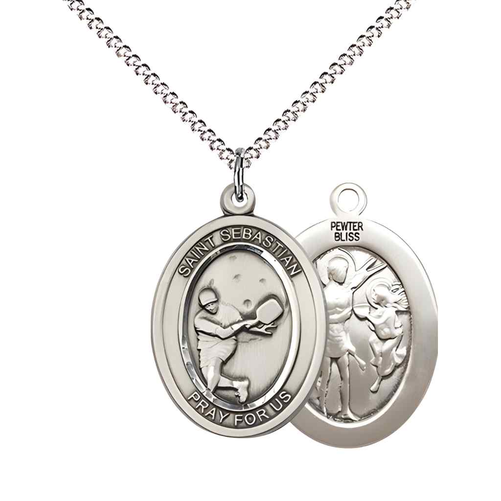 Medium Male Pickleball with St. Sebastian on back Pewter Oval Medal Pendant with Rhodium-plated Chain, Deluxe Gift Box