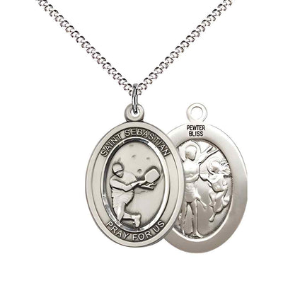 Medium Male Pickleball with St. Sebastian on back Pewter Oval Medal Pendant with Rhodium-plated Chain, Deluxe Gift Box