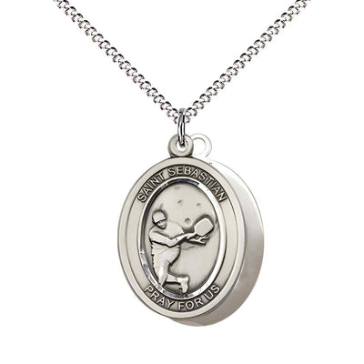 Medium Male Pickleball with St. Sebastian on back Sterling Silver Oval Medal Pendant with Rhodium-plated Chain, Deluxe Gift Box