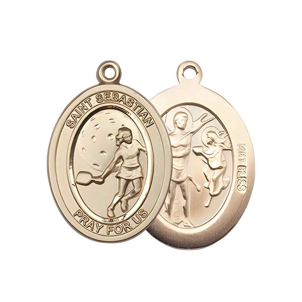 Medium Female Pickleball with St. Sebastian on back 14kt Gold Oval Medal Pendant, Deluxe Gift Box