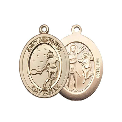 Medium Female Pickleball with St. Sebastian on back 14kt Gold Oval Medal Pendant, Deluxe Gift Box