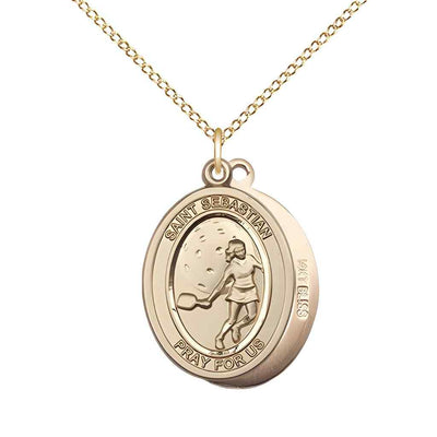 Medium Female Pickleball with St. Sebastian on back 14kt Gold Oval Medal Pendant with 14kt Gold Chain, Deluxe Gift Box