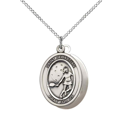 Medium Female Pickleball with St. Sebastian on back Sterling Silver Oval Medal Pendant with Sterling Silver Chain, Deluxe Gift Box