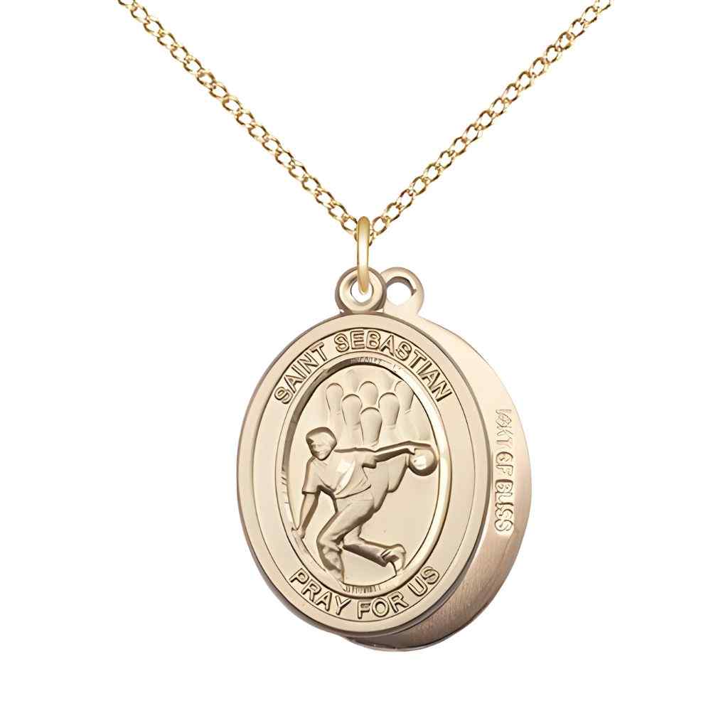Medium Bowling | Male Bowlers with St. Sebastian on back 14kt Gold-filled Oval Medal Pendant with Gold-filled Chain, Deluxe Gift Box
